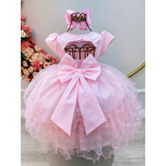 Vestido Infantil Rosa Claro C/ Pérolas e Saia Babados Luxo