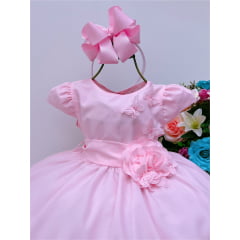Vestido Infantil Rosa Com Aplique de Borboletas e Flores