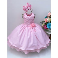 Vestido Infantil Rosa Com Nervura Peito Pérolas Broche Flor