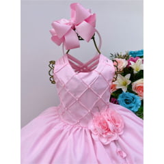 Vestido Infantil Rosa Com Nervura Peito Pérolas Broche Flor