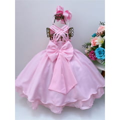 Vestido Infantil Rosa Com Nervura Peito Pérolas Broche Flor