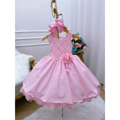 Vestido Infantil Rosa Com Nervura Peito Pérolas Broche Flor