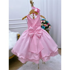 Vestido Infantil Rosa Com Nervura Peito Pérolas Broche Flor