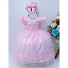 Vestido Infantil Rosa Claro Busto Nervura Daminhas Festas