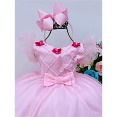 Vestido Infantil Rosa Peito Nervura Aplique de Flores