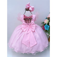 Vestido Infantil Rosa Peito Nervura Aplique de Flores