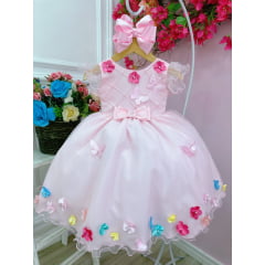 Vestido Infantil Rosa Peito Nervura Aplique de Flores