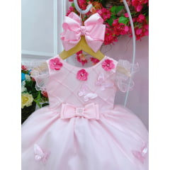 Vestido Infantil Rosa Peito Nervura Aplique de Flores