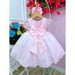 Vestido Infantil Rosa Peito Nervura Aplique de Flores