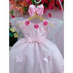 Vestido Infantil Rosa Peito Nervura Aplique de Flores