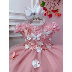 Vestido Infantil Rose C/ Renda e Aplique Borboletas e Flores