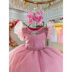 Vestido Infantil Rose Com Cinto de Pérolas Daminhas