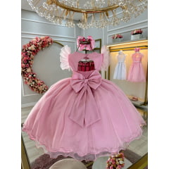 Vestido Infantil Rose Com Cinto de Pérolas Daminhas