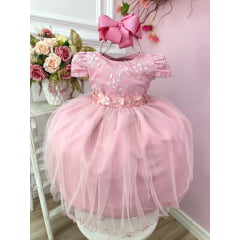 Vestido Infantil Rose Com Renda e Aplique de Flores Festas