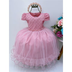 Vestido Infantil Rose Peito C/ Nervura Strass Pérolas