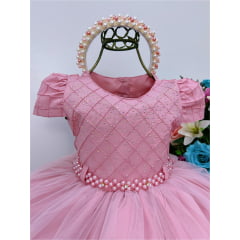 Vestido Infantil Rose Peito C/ Nervura Strass Pérolas