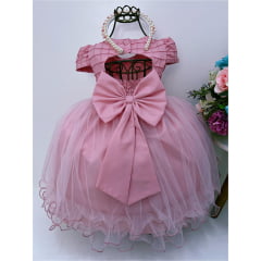 Vestido Infantil Rose Peito C/ Nervura Strass Pérolas