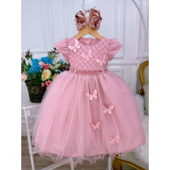 Vestido Infantil Rose Peito Nervura Aplique de Borboletas