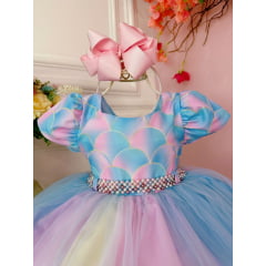 Vestido Infantil Sereia Saia Colorida Com Cinto de Pérolas