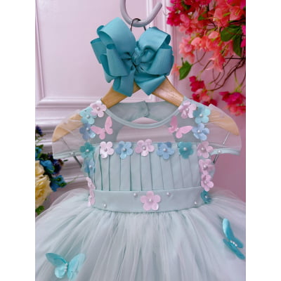 Vestido Infantil Verde Busto Plissado Com Flores Borboleta