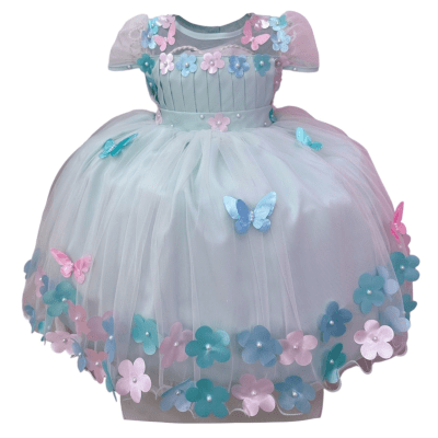 Vestido Infantil Verde Busto Plissado Com Flores Borboleta