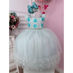 Vestido Infantil Verde C/ Aplique de Flores e Renda Luxo