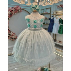 Vestido Infantil Verde C/ Aplique de Flores e Renda Luxo