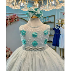 Vestido Infantil Verde C/ Aplique de Flores e Renda Luxo