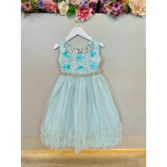 Vestido Infantil Verde C/ Aplique de Flores e Renda Luxo