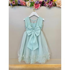 Vestido Infantil Verde C/ Aplique de Flores e Renda Luxo