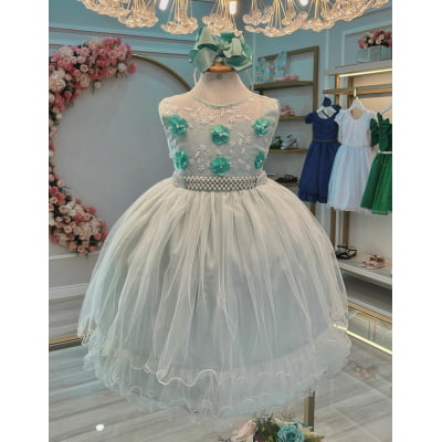 Vestido Infantil Verde C/ Aplique de Flores e Renda Luxo