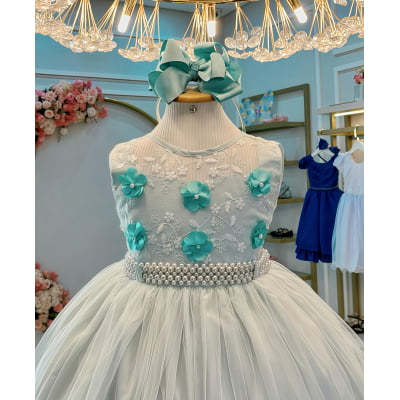 Vestido Infantil Verde C/ Aplique de Flores e Renda Luxo