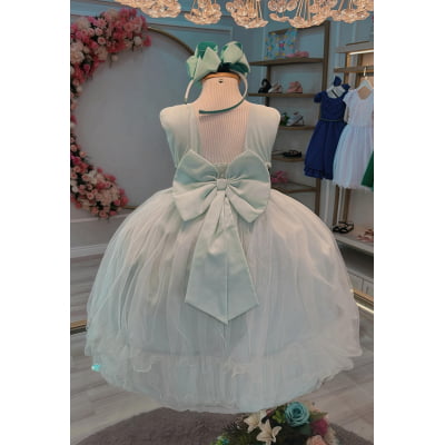 Vestido Infantil Verde C/ Aplique de Flores e Renda Luxo