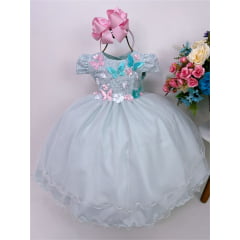 Vestido Infantil Verde C/ Renda de Aplique Borboletas Flores