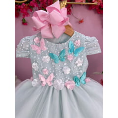 Vestido Infantil Verde C/ Renda de Aplique Borboletas Flores