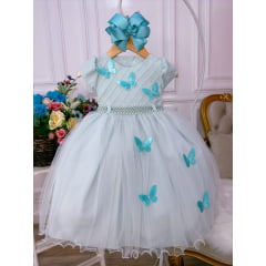 Vestido Infantil Verde Claro Peito Nervura Aplique Borboleta