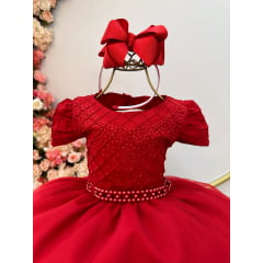 Vestido Infantil Vermelho Busto Nervura Strass Daminhas