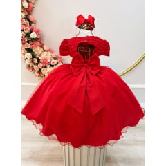 Vestido Infantil Vermelho Busto Nervura Strass Daminhas