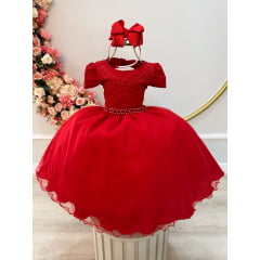 Vestido Infantil Vermelho Busto Nervura Strass Daminhas