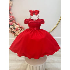 Vestido Infantil Vermelho C/ Busto Tule e Aplique de Flores