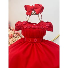 Vestido Infantil Vermelho C/ Busto Tule e Aplique de Flores