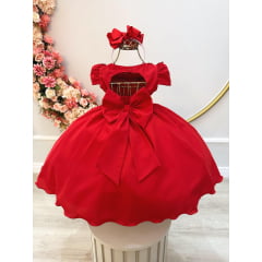 Vestido Infantil Vermelho C/ Busto Tule e Aplique de Flores
