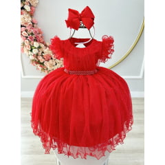 Vestido Infantil Vermelho C/ Cinto de Pérolas e Busto Damas