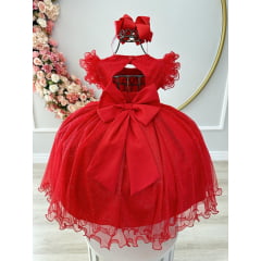 Vestido Infantil Vermelho C/ Cinto de Pérolas e Busto Damas