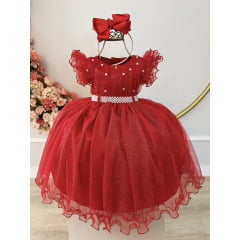 Vestido Infantil Vermelho C/Pérolas Glitter Daminhas Festas