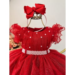 Vestido Infantil Vermelho C/Pérolas Glitter Daminhas Festas