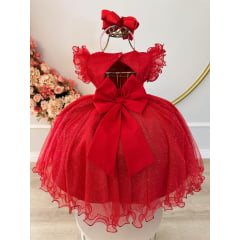 Vestido Infantil Vermelho C/Pérolas Glitter Daminhas Festas