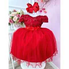 Vestido Infantil Vermelho C/ Renda e Aplique de Flores Festa