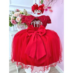 Vestido Infantil Vermelho C/ Renda e Aplique de Flores Festa