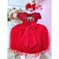 Vestido Infantil Vermelho C/ Renda e Aplique de Flores Festa